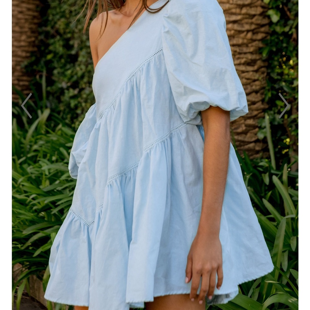 Showpo Harleen Mini Dress - Linen Asymmetrical Trim Puff Light Blue